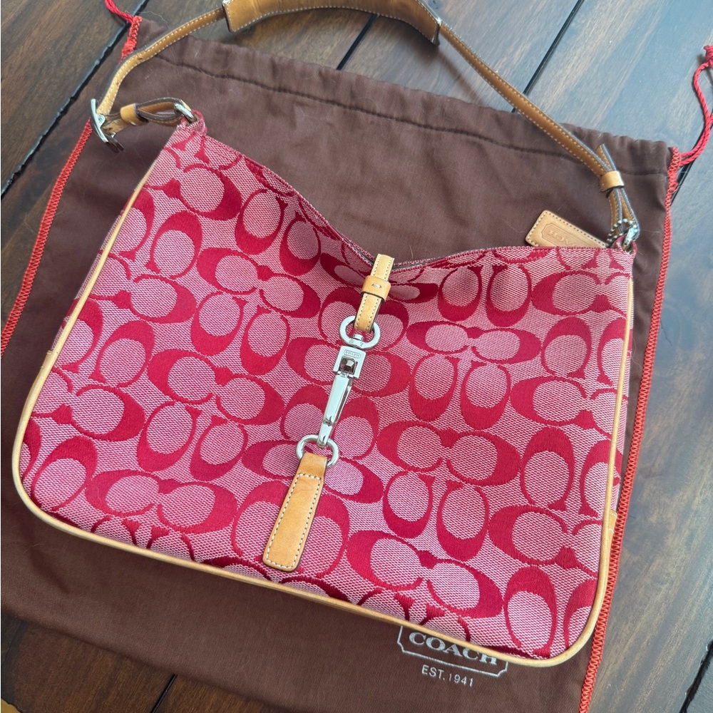 Coach Red and Tan Signature Shoulder Bag